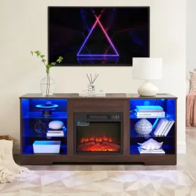 TV Stand Electric Fireplace Glass Shelves, 3D Fireplace TV Stand With LED Lights Wood With USB Charging Outlet Modern Television Table Center For TV U