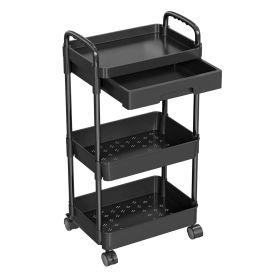 3 Tier Rolling Utility Cart Movable Storage Organizer with Drawer Lockable Wheels 360 Degree Rotatable Hallow Design for Bedroom Bathroom Kitchen (Option: Black_3gTier)
