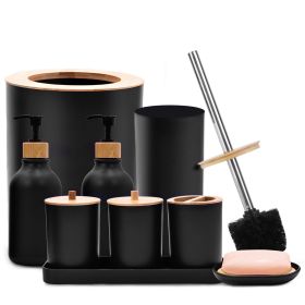 9Pcs Bathroom Accessories Set Trash Can Lotion Soap Dispensers Q-tip Holders Toothbrush Holder Soap Dish Vanity Tray Toilet Brush Black White (Option: Bglack)