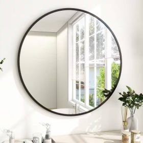 Round 30-inch Circular Bathroom Wall Mirror with Frame (Color: Black)