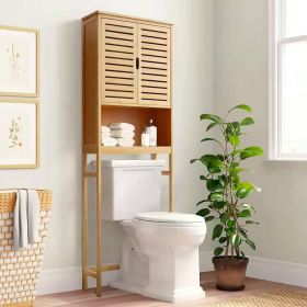 Over the Toilet Bathroom Storage Cabinet Shelf in Wood Finish (Color: Light Brown)