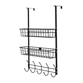 Over The Door Hooks Organizer Door Towel Rack Hanger 5 Hooks with 2 Metal Baskets for Bathroom Bedroom Kitchen Storage Shelf (Option: Blackg)
