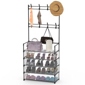 5-Tier Dustproof Entryway Hall Tree Coat Rack Shoe Rack With 8 Removable Hooks Freestanding Shoe Storage Shelf Hat Clothes Organizer For Front Door Be (Option: 5Tier_Bglack)