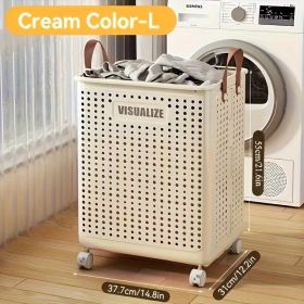 Collapsible Laundry Basket with Wheels, Medium-Large White Ceramic Look Hamper with Faux Leather Handles (Color: Cream, size: L)